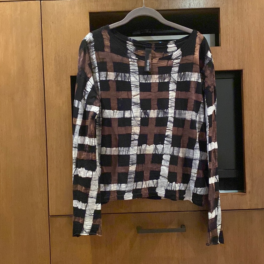Gilda Midani brown white black plaid long sleeve top size S